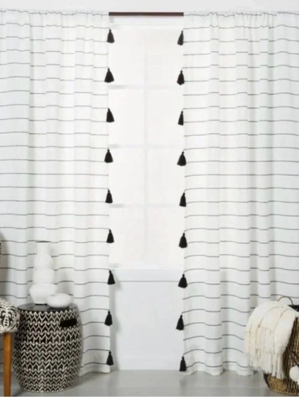 Opal house black white stripe with tassels curtains 2 panels 54x84 each panel